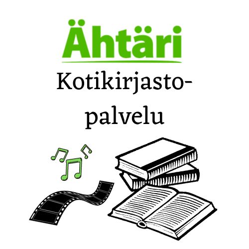 Ähtäri kotikirjastopalvelu. Tekstin alla piirroskuva kirjoista, lehdistä, filminauhasta ja nuoteista.