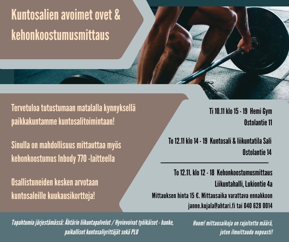 mainos avoimien ovien päivästä Ähtäriläisillä kuntosaleilla ja mahdollisuudesta kehonkoostumusmittaukseen, tapahtuma on 10.11 ja 12.11.