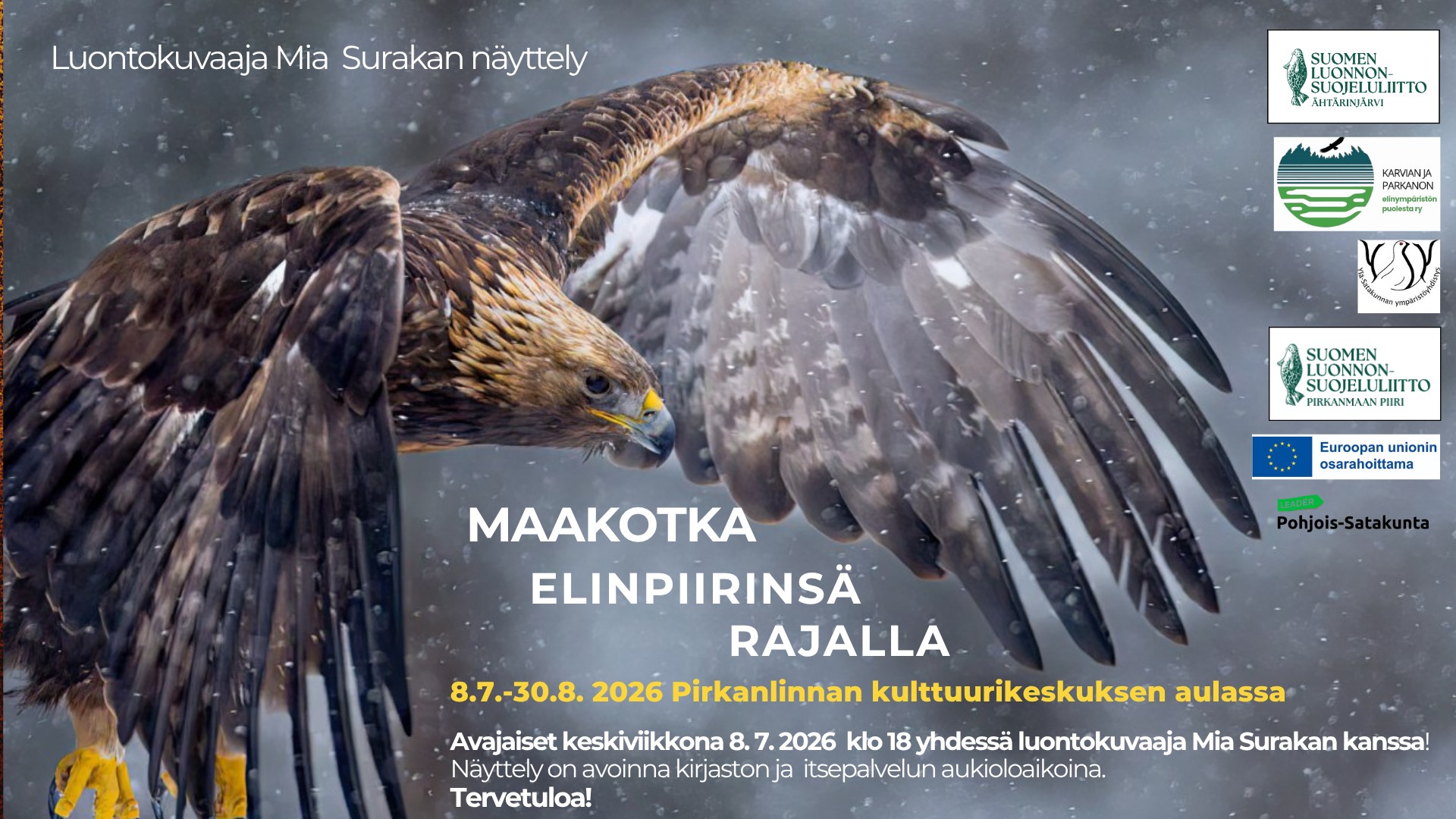 Maakotka elinpiirinsä rajalla -näyttelyn esite. Luontokuvaaja Mia Surakan näyttely. Valokuva lentävästä maakotkasta. Maakotka elinpiirinsä rajalla. 8.7.-30.8.2026 Pirkanlinnan kulttuurikeskuksen aulassa. Avajaiset keskiviikkona 8.7.2026 klo 18 yhdessä luontokuvaaja Mia Surakan kanssa! näyttely on avoinna kirjaston ja itsepalvelun aukiloloaikoina. Tervetuloa!