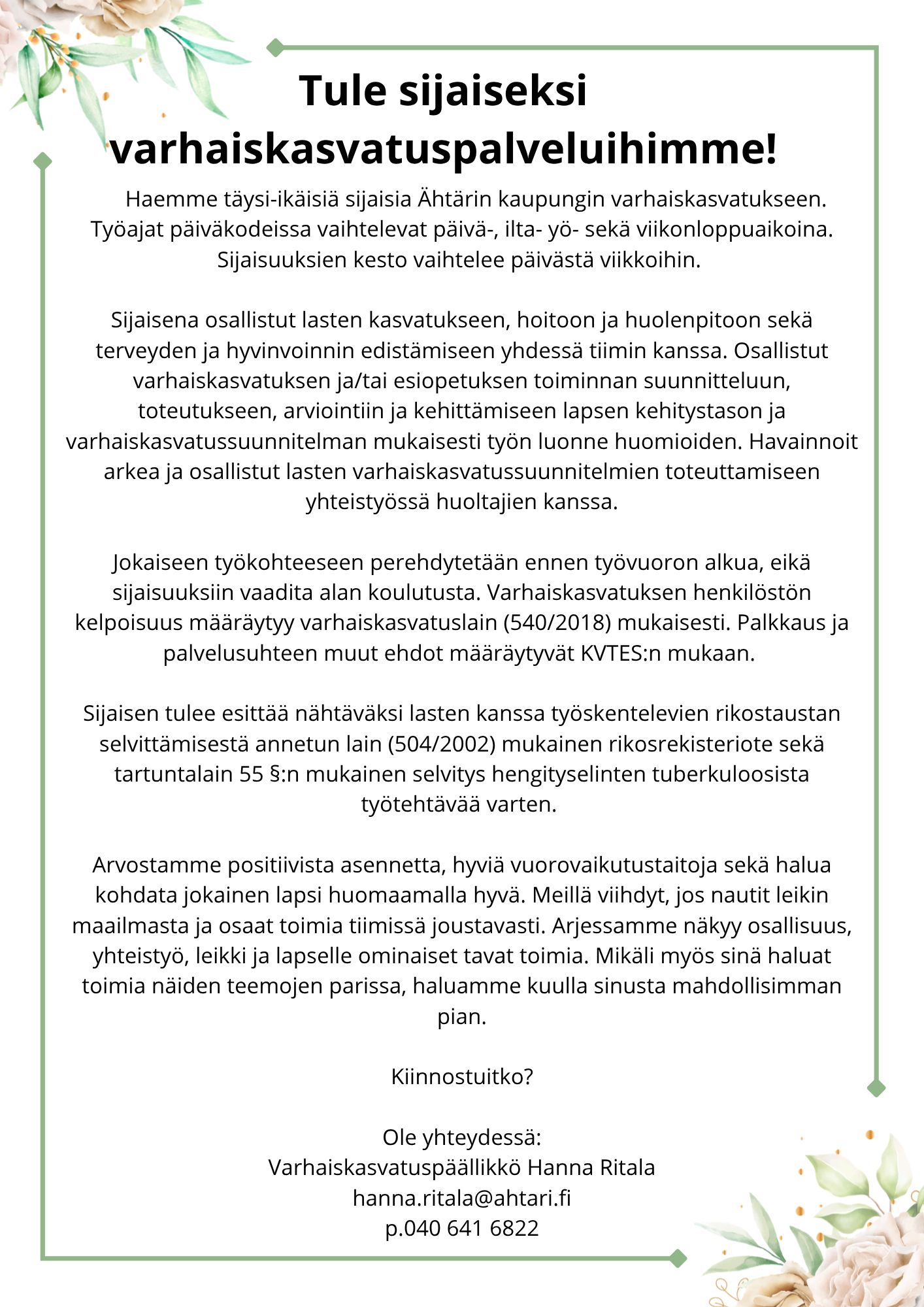 Sijaishaku varhaiskasvatus 2026