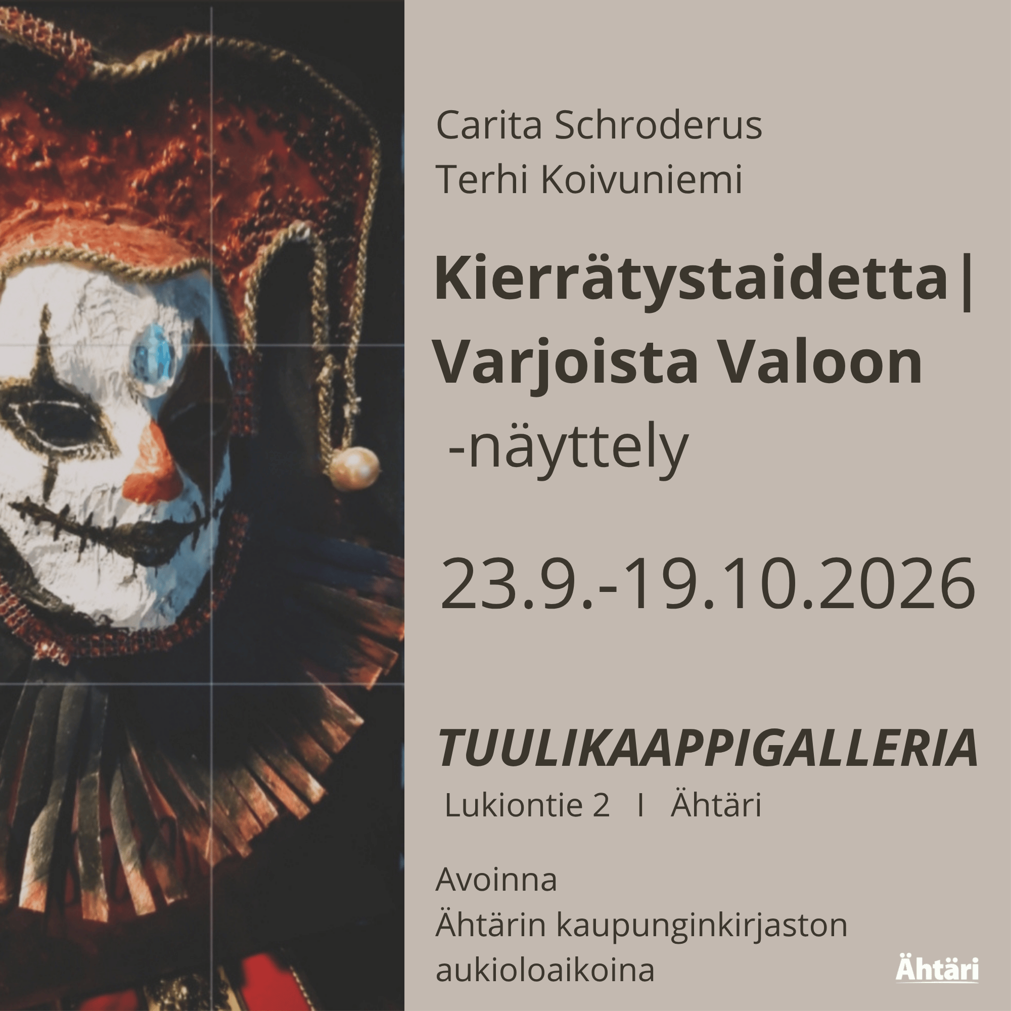 Taiteiltu harlekiinin pää ja samat tiedot kuin julkaisussa.