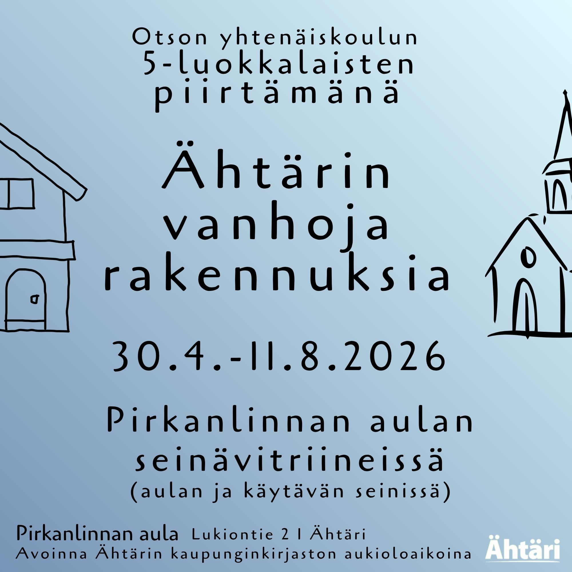 Reunoilla piirroskuvan puolikkaat talosta ja kirkosta. Tekstisisältö sama kuin tiedot-teksti.